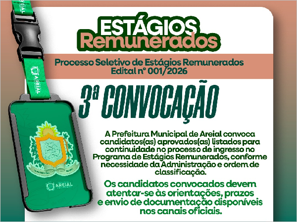 Prefeitura de Areial divulga 3ª lista de convocação do Programa de Estágio 2026